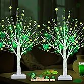 Prelit & Timer - St. Patrick's Day Decorations, 2 Pack 18 Inch St Patricks Day Tree Tabletop Lighted Birch Tree 24 LED Green Lights Shamrock Berries Battery Operated St. Patrick's Day Decor Home Party