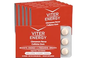 Viter Energy Caffeinated Gum 60mg Caffeine, B Vitamins, Guarana, Sugar Free. (Cinnamon, 12pcs, 6 Pack)