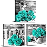 Teal Bathroom Wall Decor Turquoise Teal and Grey Rose Wall Art for Bedroom Living Room Accessories Love Sign Aqua Green Flower Pictures Floral Poster Canvas Artwork Kitchen Home Decoration 12x12" 3