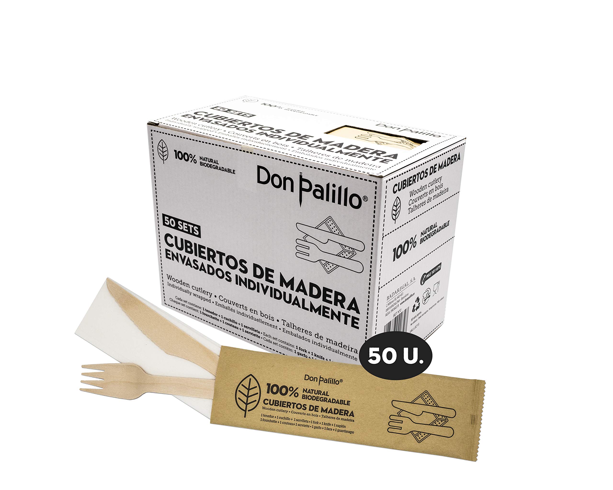 Don Palillo - 50 sets of Disposable Wooden Cutlery covered in Kraft Paper Each set contains 1 fork + 1 knife + 1 paper napkin