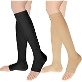 Dimeho Open Toe Compression Socks for Women & Men, 2 Pairs Toeless Compression Socks 15-20 mmHg Knee High Stockings for Circulation Support, Medium, Beige/Black