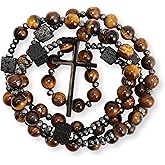 Nazareth Store Men's Rosary Necklace Black Onyx or Tiger Eye Beads with Black Alloy Cross, Catholic Christian Religious Jewelry, Gift for Him