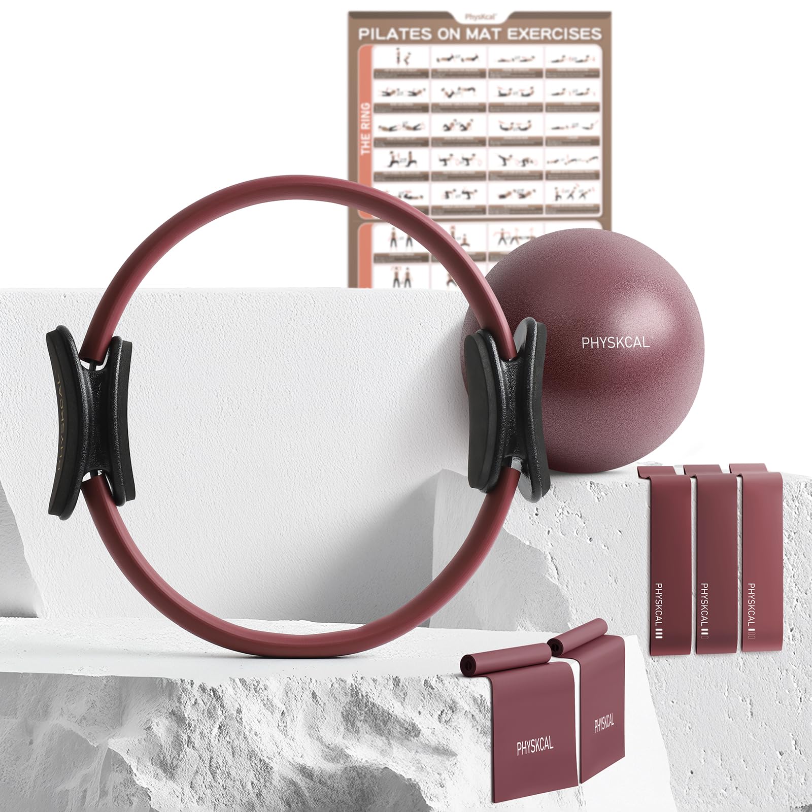 Photo 1 of **MISSING BALL**PhysKcal Pilates Ring Set, 15-Inch Pilates Circle with 1x Core Ball, 3X Resistant Loop and 2X Flex Band, Home Pilates on Mat Essential Kit (Plum)