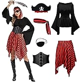 DARFULA 6 Pcs Womens Pirate Costume Renaissance Shirt Dress with Head Scarf Waist Belt Medieval Costume Accessory Sets