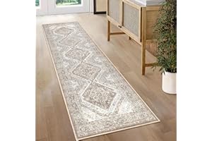 KUTA Oriental Washable Runner Rug, 2x6 Non-Slip Vintage Ivory Grey Hallway Kitchen Runners Ultra Soft Printed Distressed Tribal Floor Carpet Rugs for Laundry Bedroom Living Room