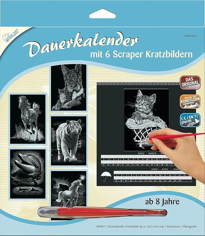Mammut 143002 - Kratzbilder-Dauerkalender Tiere, 6 Bilder je ca. 10,5 x 14,4 cm, silber
