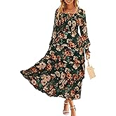 Simplee Womens Long Sleeve Floral Wedding Guest Dress Flowy Tiered Smocked Square Neck Fall Boho Maxi Dresses