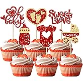 Gyufise 24Pcs Valentine's Day Oh Baby Cupcake Toppers Glitter Feet Sweet Love Heart Valentine's Day Cake Decorations for Baby Shower Birthday Party Supplies Red