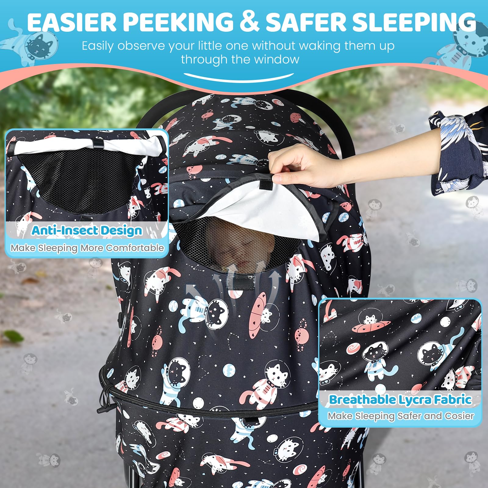 Orzbow Universal Sun Shade for Stroller, Detachable UPF 50+ Stroller Cover for Sun with See Through Mesh Window, Breathable Sunshade Cover - Stroller Canopy Extender, Baby UV Sun Protection, Cute Cat