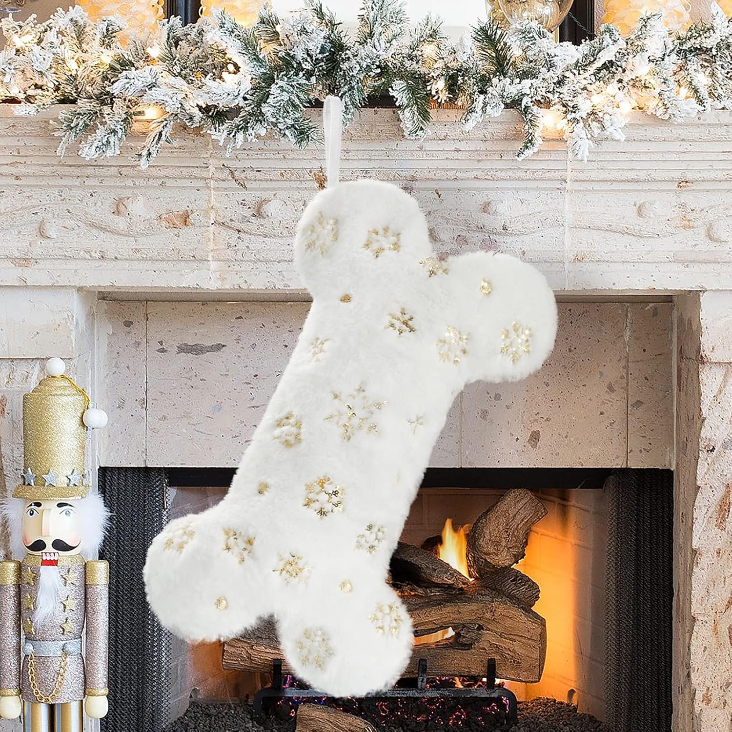 Stockings & Holders - Senneny Snowy White Plush Pet Dog Christmas Stocking, Golden Snowflake Sequin Dog Christmas Stockings Large Bone Shape Faux Fur, Hanging Christmas Holiday Season Party Decor for Pets Dogs