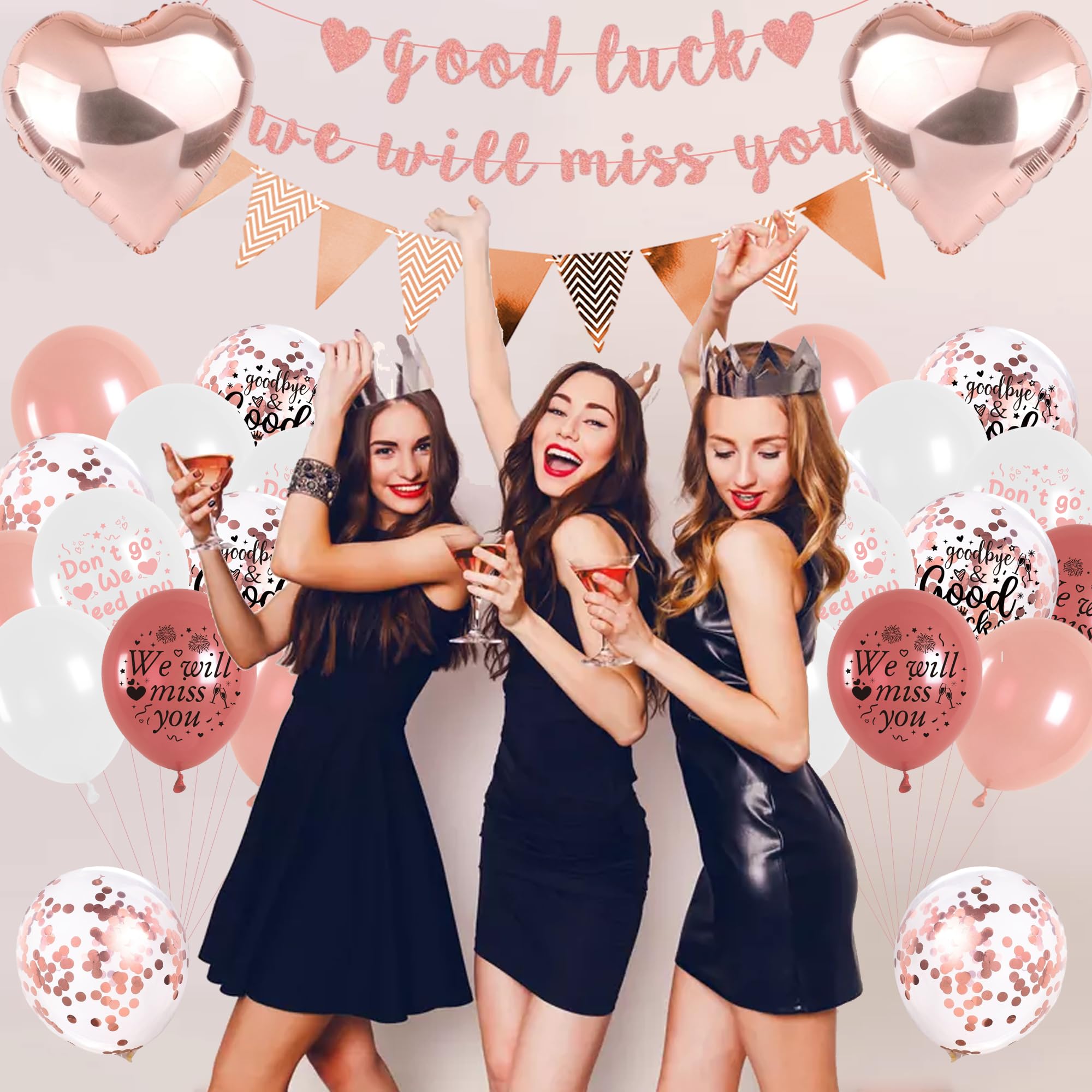 Abschiedsdekoration Set – Banner & Wirbel, „Good Luck We Will Miss You“, Schwarz/Roségold