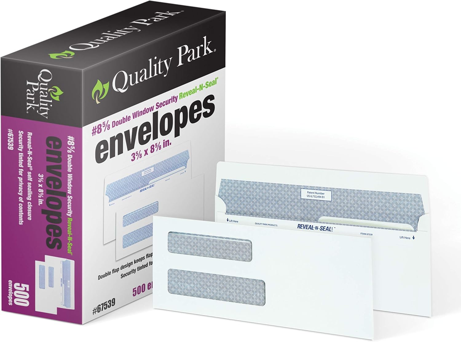 Quality Park #8-5/8 Double Window Security Tinted Check Envelope with Reveal-N-Seal Self Seal Closure, 24 lb White Wove, 3-5/8 x 8-5/8, 500 per Box (67539)