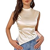 VIDUSSA Crop Tank Tops for Women - Mock Neck Sleeveless Satin Blouse Ruched Slim Fitted Asymmetrical Hem Silk Tops