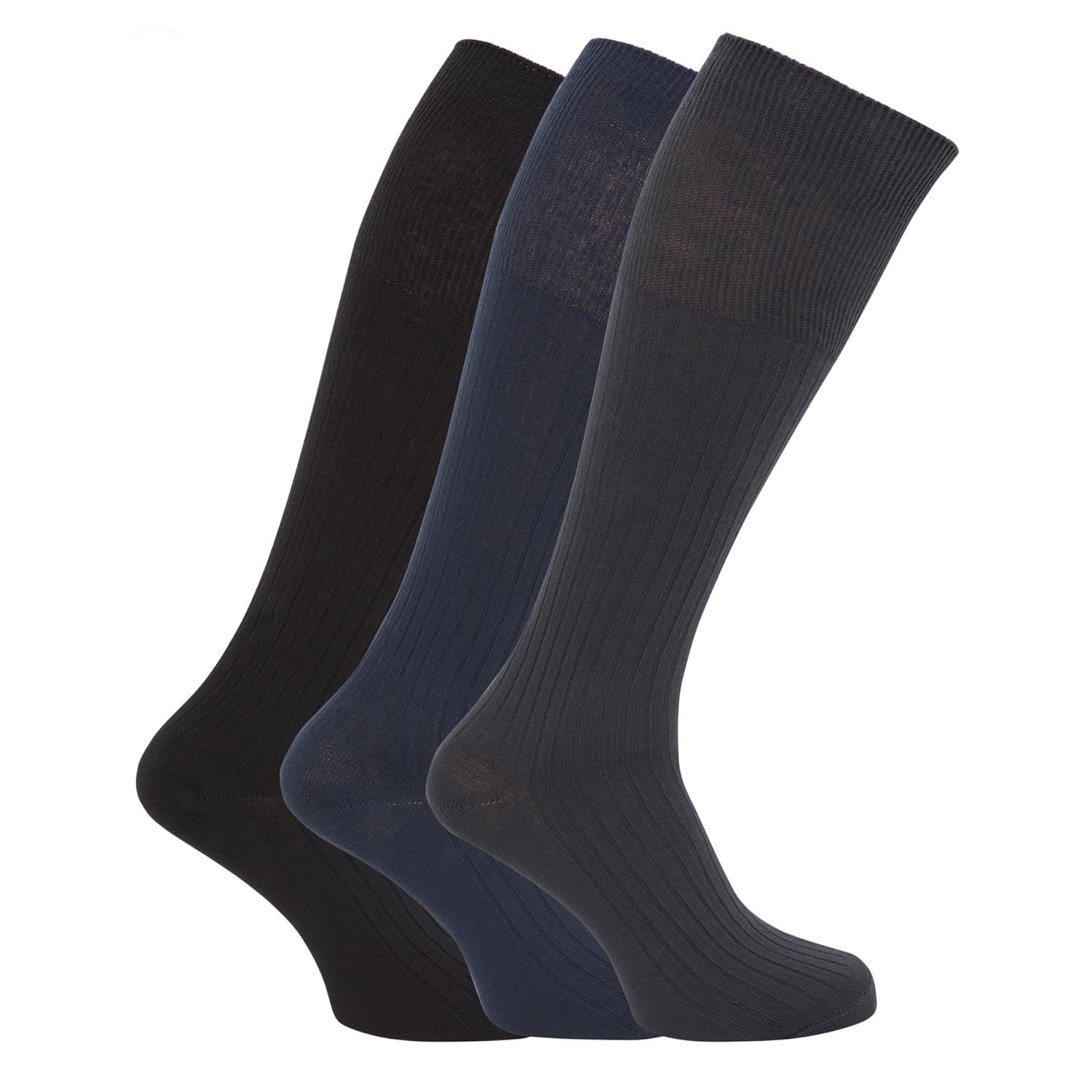 Mens Ribbed Knee High 100 Cotton Socks (Pack Of 3) (611) (Black/Blue