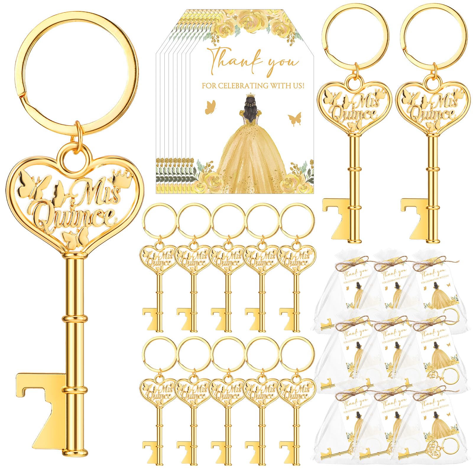 Photo 1 of Aurelema 50 Sets Quinceanera Party Favors for Guests Butterfly Bottle Opener Keychain Thank You Tag Organza Bag Sweet 15 Years Quinceanera Gifts for Mis Quince Birthday Party Supplies (Gold)