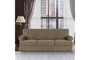 TWIN SIX 4 Pieces Stretch T Cushion Sofa Slipcovers with 3 Individually T Cushion Shape Seat Covers for Dogs, Washable Furniture Protector Soft Covers with Elastic Bottom (Sofa, Khaki)
