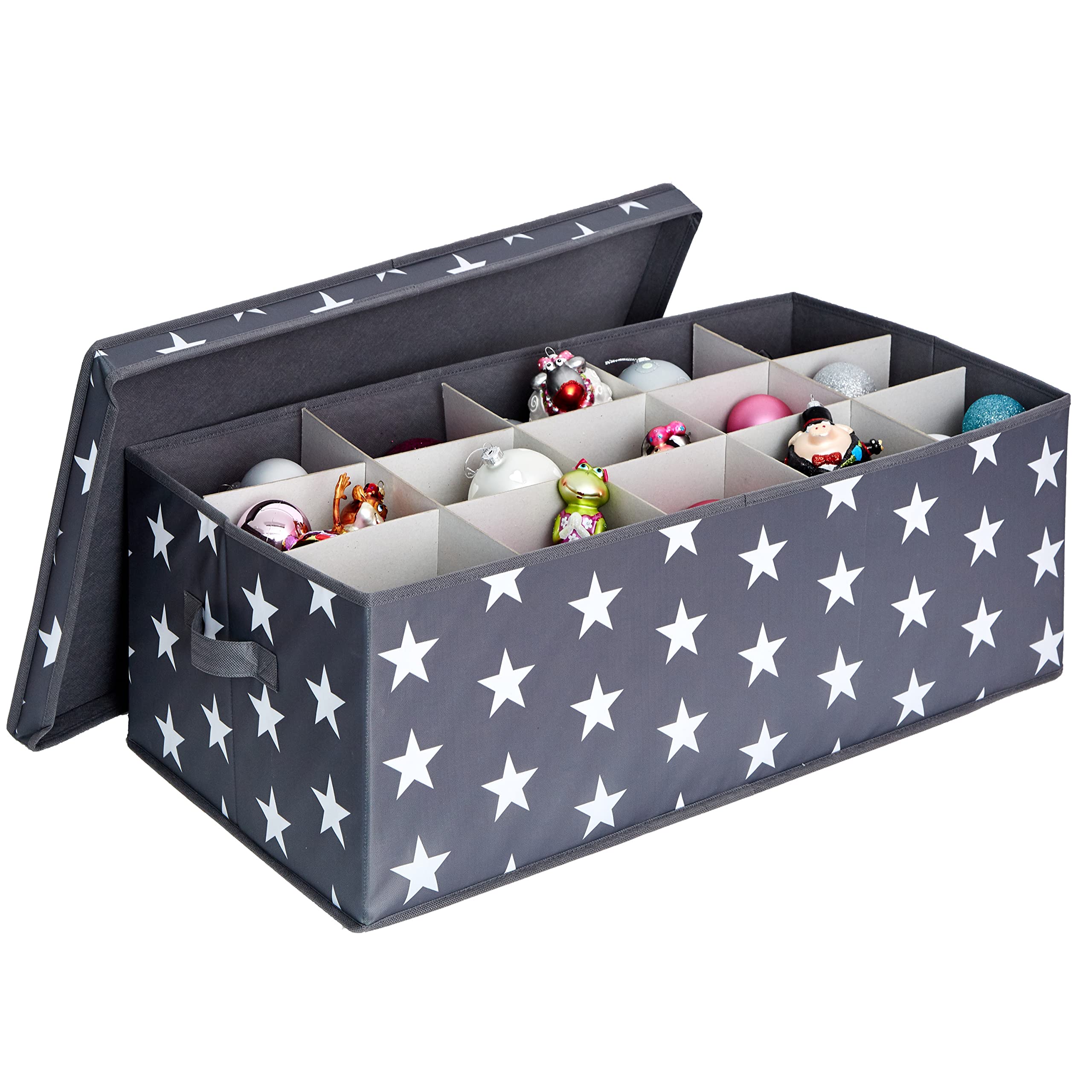 LOVE IT STORE IT Storage Box for Christmas Baubles - Box for Fabric Christmas Tree Decorations - Reinforced with Cardboard - 30 Compartments - Grey with Stars - 58 x 36 x 25 cm