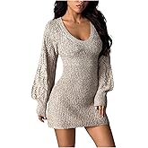 SOLY HUX Women's Long Sleeve V Neck Knit Crochet Sweater Dress Fall Winter Bodycon Mini Dresses