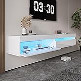 ANTISTA Solid Wood Floating TV Stand with LED Lighting & Power Outlet,71" High-Gloss Entertainment Center Wall Mounted with Storage,Modern TV Console for TVs up to 85",TV Console for Living Room,White