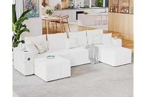 PaPaJet Sectional Sofa, 114 Inch Modular Sectional Sofa with 2 USB Ports & Cup Holders, 6 Seats U Shaped Couch with Storage, Ottomans, 4 Pieces Set White Bouclé Sofa Couch