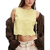 Peaceglad Side Tie Crop Tops for Women Floral Embroidery Tank Top Round Neck Sleeveless Y2k Babydoll Shirts