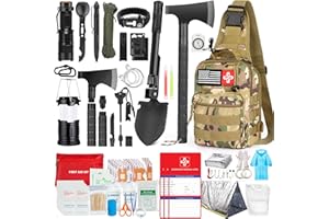RIKOJUXI Survival Kit, 262Pcs Survival Gear and Supplies with First Aid Kit Pouch and Crossbody Bag, Emergency Kit with Tent, Camping Axe Hammer, Survival Shovel w/Pick, Bug Out Bag Gifts for Men Women