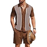 COOFANDY Men's 2 Piece Outfit Vintage Short Sleeve Button Down Knit Polo Shirts Casual Beach Shorts Sets