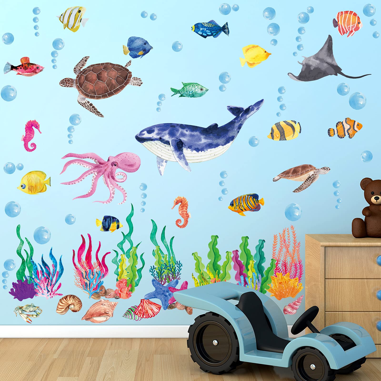 Photo 1 of 114 Piece Ocean Fish Wall Decals, Under The Sea Wall Decals - Under The Sea Fish & Jellyfish Removable Decor - Peel & Stick - for Kids, Baby, Bathroom, Bedroom, Living Room