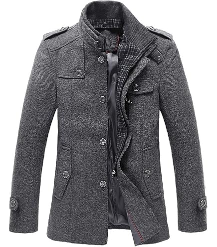 chouyatou Men's Gentle Band Collar Single Breasted Wool Blend Pea