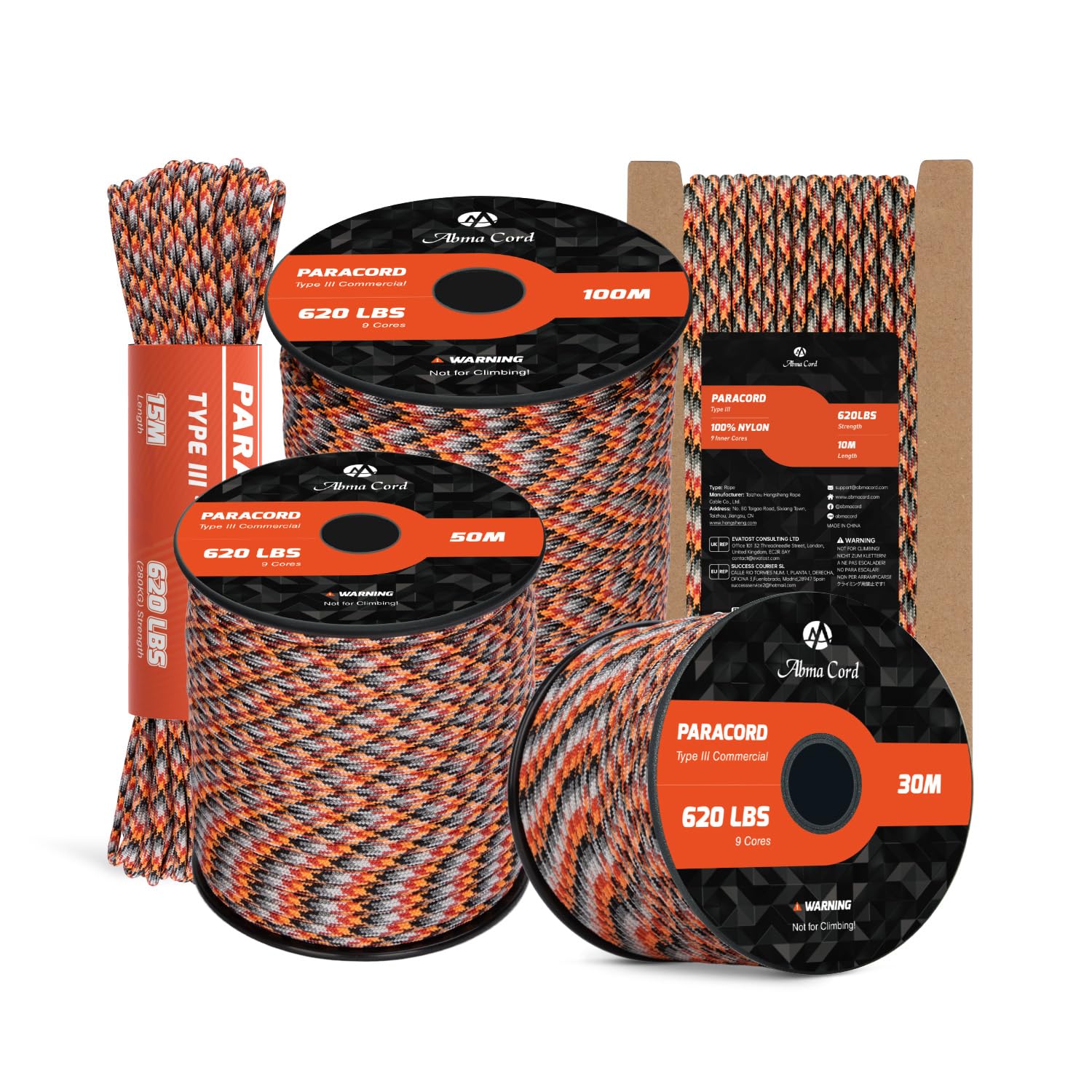 Abma Cord Paracord 4mm 50m 100% Nylon Rope 9 Strands Type III Parachute Cord for DIY, Camping, Survival, Outdoor - Max. 280kg - Summer Sunrise (Lava)