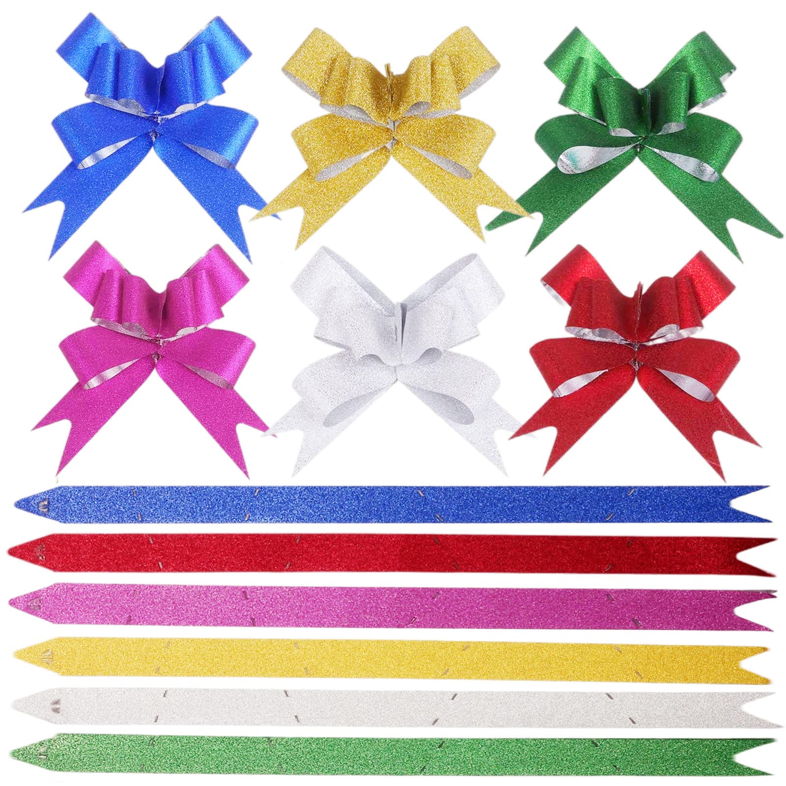 60pcs Silver Pink Blue Red Green Gold Pull Bows,18mm Glitter Christmas Pull Bows for Gift Wrapping,Wrapping Gift Bow Ribbon Pull Bow for Presents,Birthday Hampers,Christmas Trees,Baskets,Wedding Decor