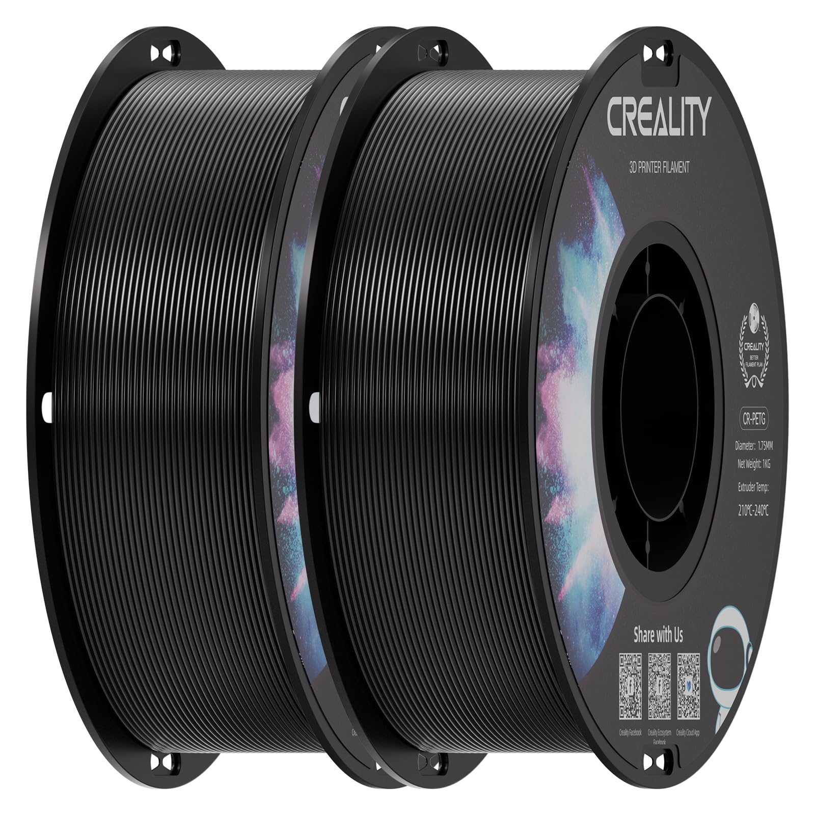 Photo 1 of Creality PETG Filament 1.75mm Black 2 kg, 3D Printer Filament, Excellent Toughness High Precision, Odorless Non-Toxic Moistureproof, Glossy (Black 2-Pack)