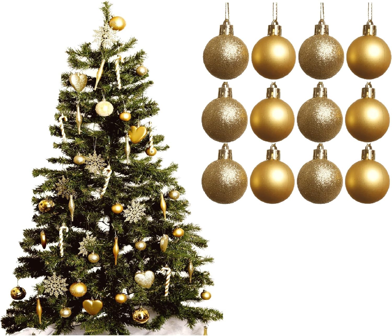 UKDD® GOLD Collection Christmas Droplet Baubles Tree Decorations, Glitter, Matt Icicles, Reindeer (Pack of 12 X 38mm Baubles)