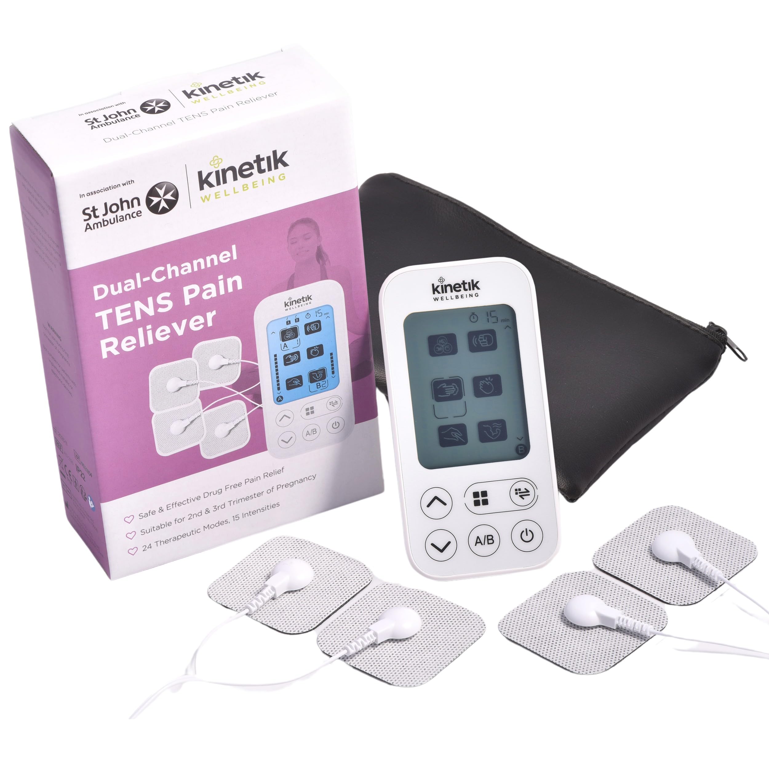 Kinetik Wellbeing Dual-Channel TENS Machine for Pain Relief - Muscle Stimulator Machine for Men, Women, 15 Intensities, 24 Modes - Safe for Pregnancy & Sciatica - in Association with St John Ambulance
