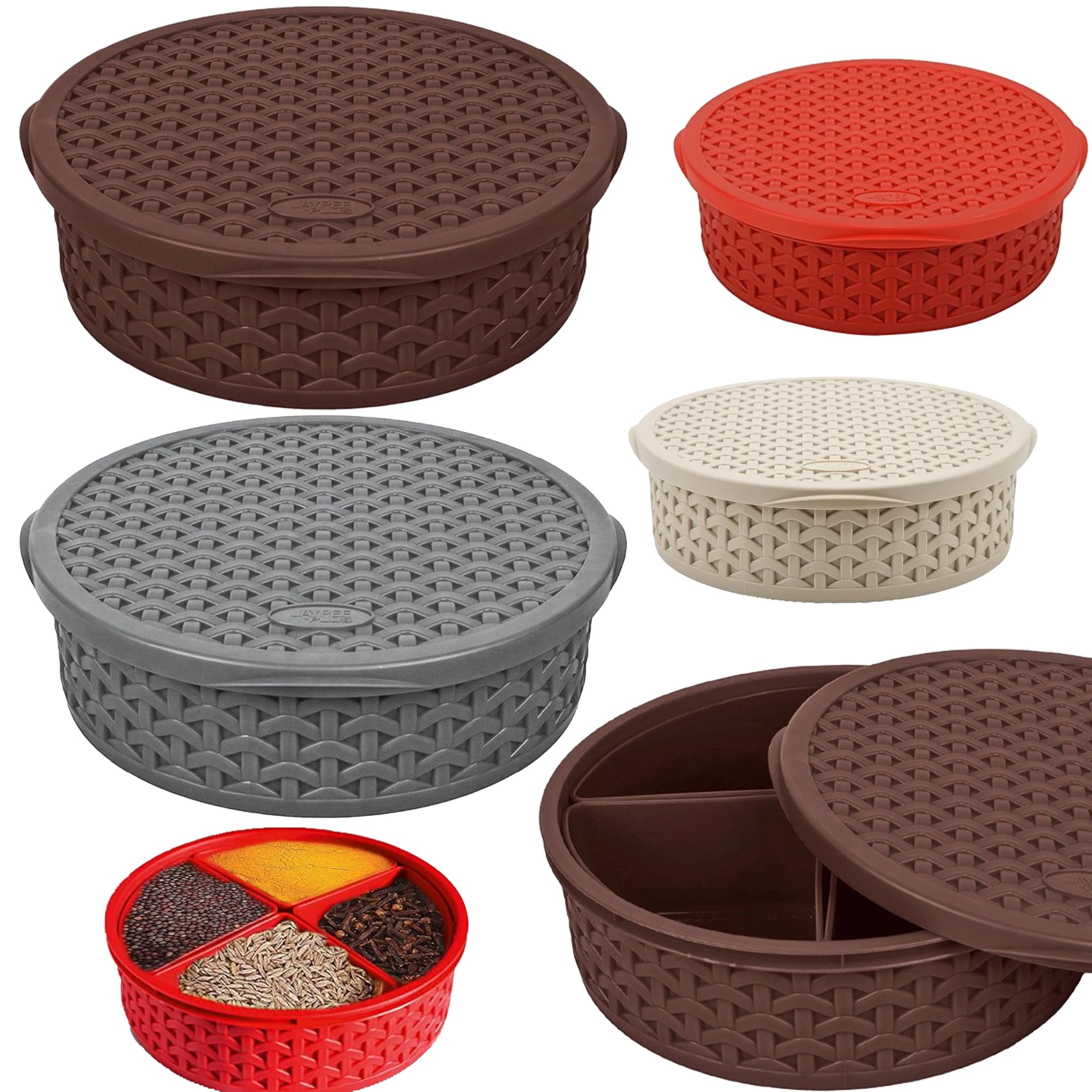 Plastic Masala Dabba, Indian Spice Box with 4 Compartments - Multipurpose Masala Dabba, Spice Box Set Organizer for Kitchen, Round Masala Dabba