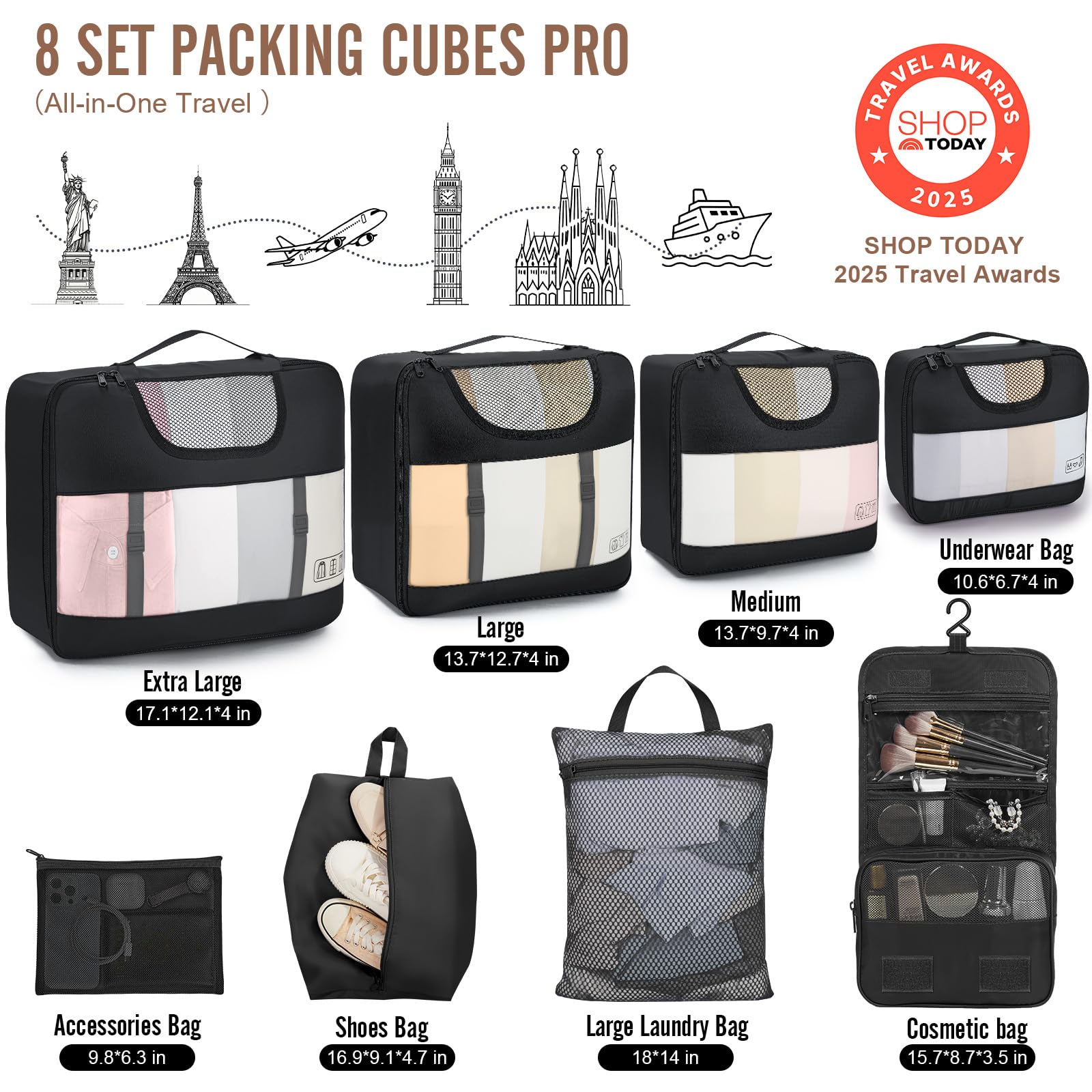 Veken Veken 10 Set/8 Set Packing Cubes for Travel Essentials, Suitcase Organizer Bags in 4 Sizes, Carry-On Luggage Accessories with Laundry & Toiletry Bag, Airplane Must-Have, Road Trip & Camp Gifts for Men