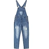 KIDSCOOL SPACE Girls Ripped Denim Overalls,3 Buttons Ripped Elastic Band Inside Jeans Jumpsuit