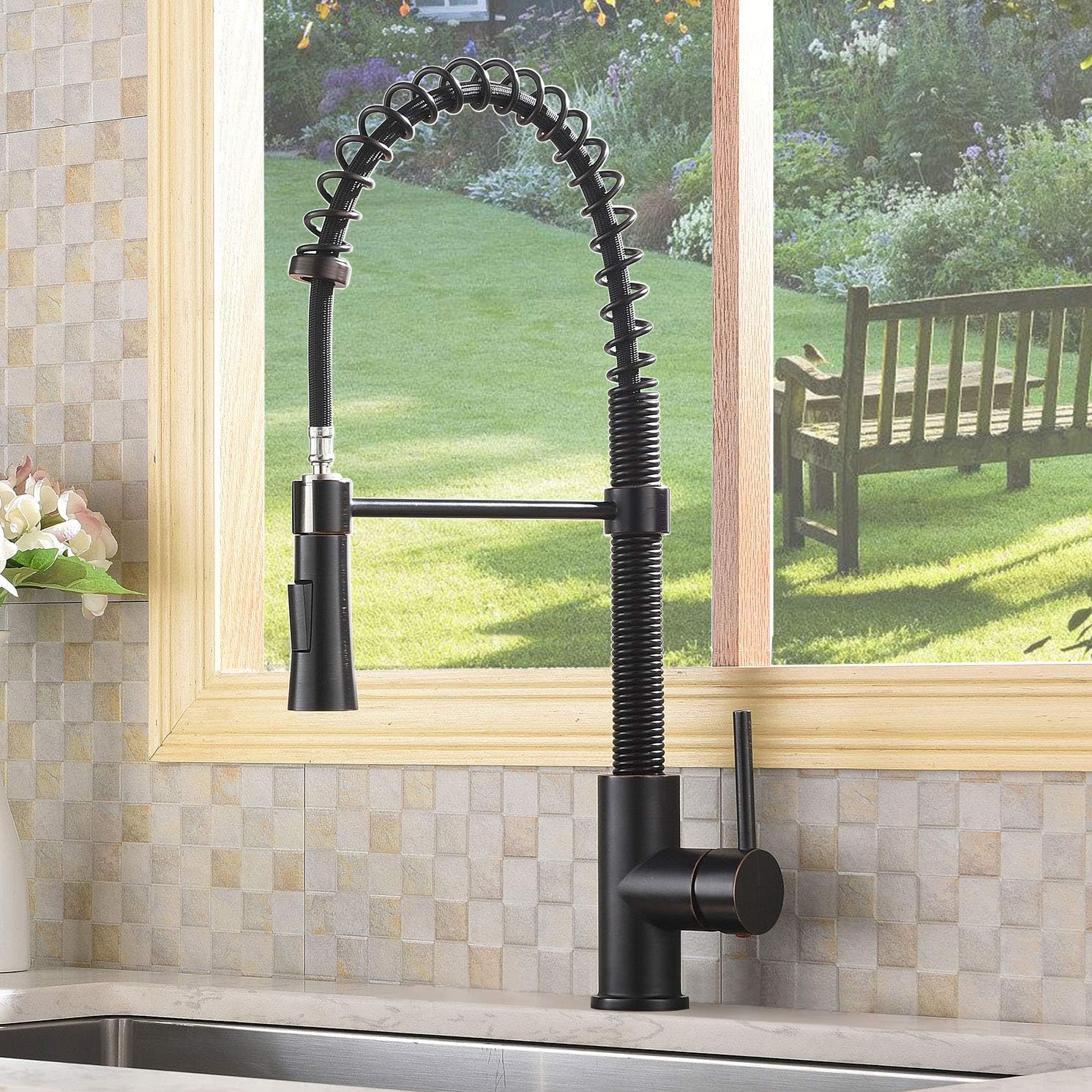 GLANZHAUS Pull Out Spring Neck Mixer Taps for Kitchen Sink, Single Hole Stainless Steel Sink Tap with Pull Down Spray Head