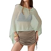Women Sheer Knit Poncho Y2k See Through Shrug Crochet Mesh Cover Up Lightweight Asymmetrical Beach Shawl Cape Top