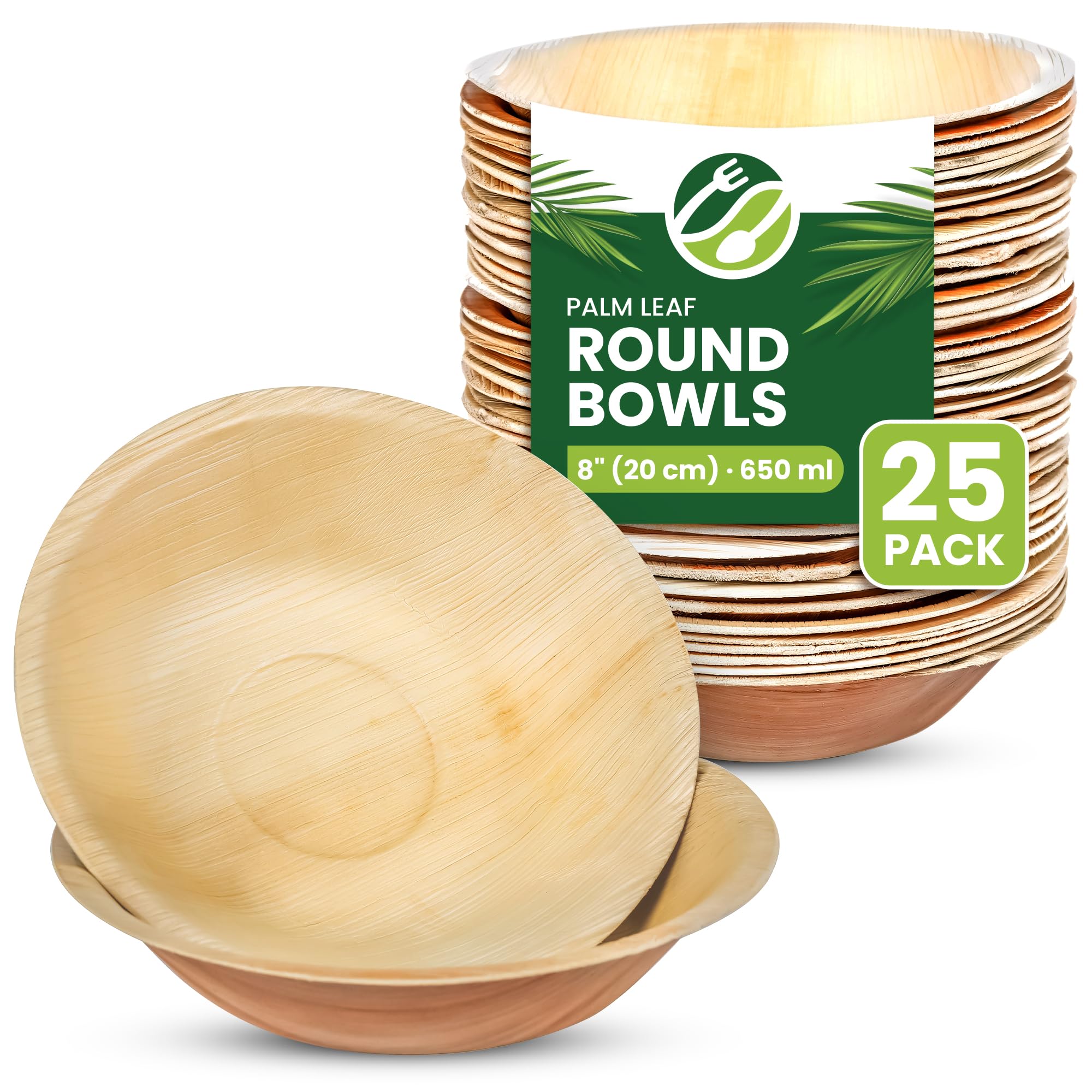 ECO Leaf 25 Disposable Palm Leaf Bowls, 8" (20cm), 650ml (22oz) Round – Compostable, Biodegradable, Eco-Friendly Bamboo Bowls for Salad, Weddings, Parties and Picnics, Microwave Safe