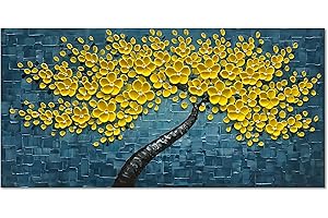 Epicler art 100% Hand Painted 3D Yellow Flower Tree Oil Painting Blue Canvas Texture Mural Living Room Bedroom Dining Room Mural 24x48 inches