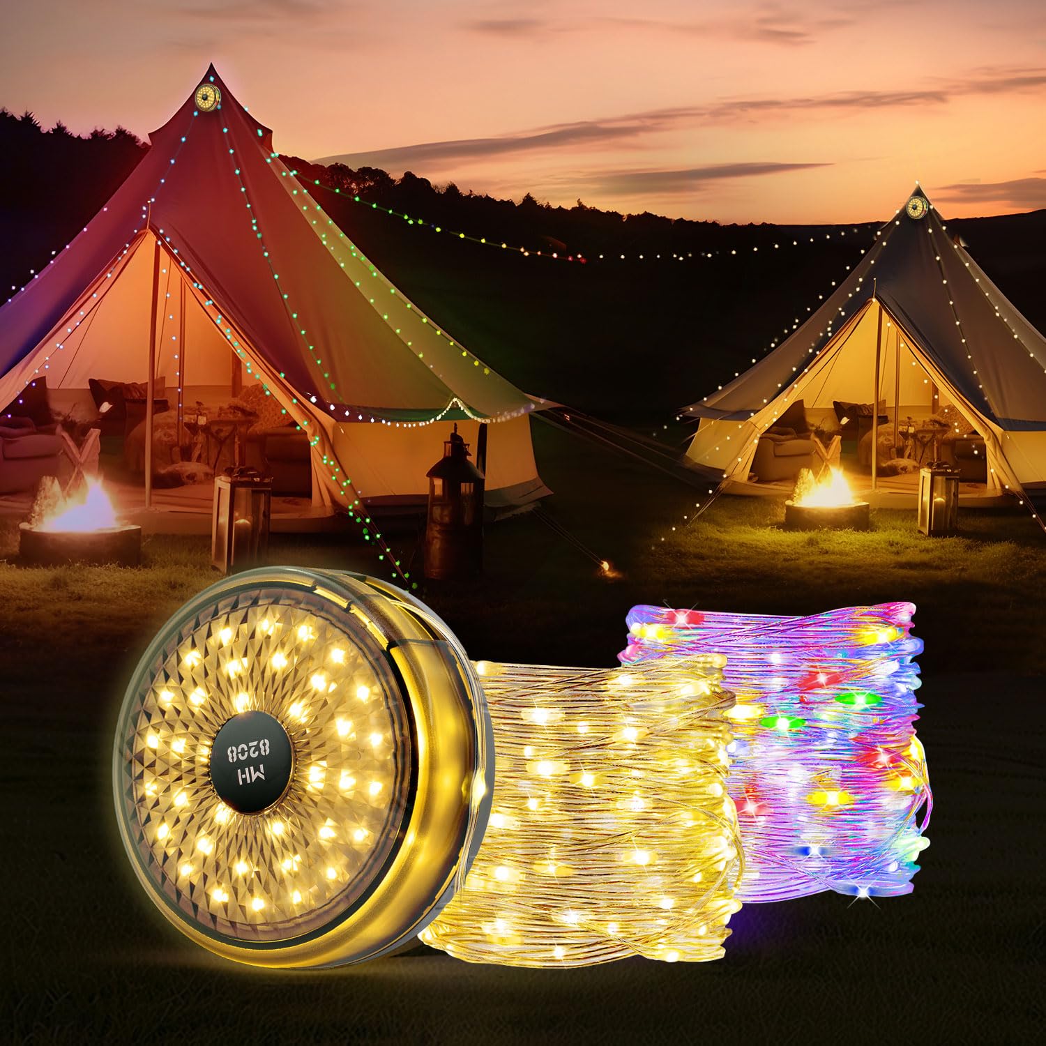 Mcbazel Camping String Lights,Retractable Fairy String Lanterns 12M/39.4FT with 10 Lighting Modes,120LED,USB Rechargeable,Multicolor&Warm Light for Outdoor/Indoor/Camping/Wedding Decor