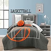 Lush Decor Basketball Game Reversible Quilt Twin Size 4 Piece Set, Charcoal - Kids Bedding Set - Twin Size Quilt - Sports Décor