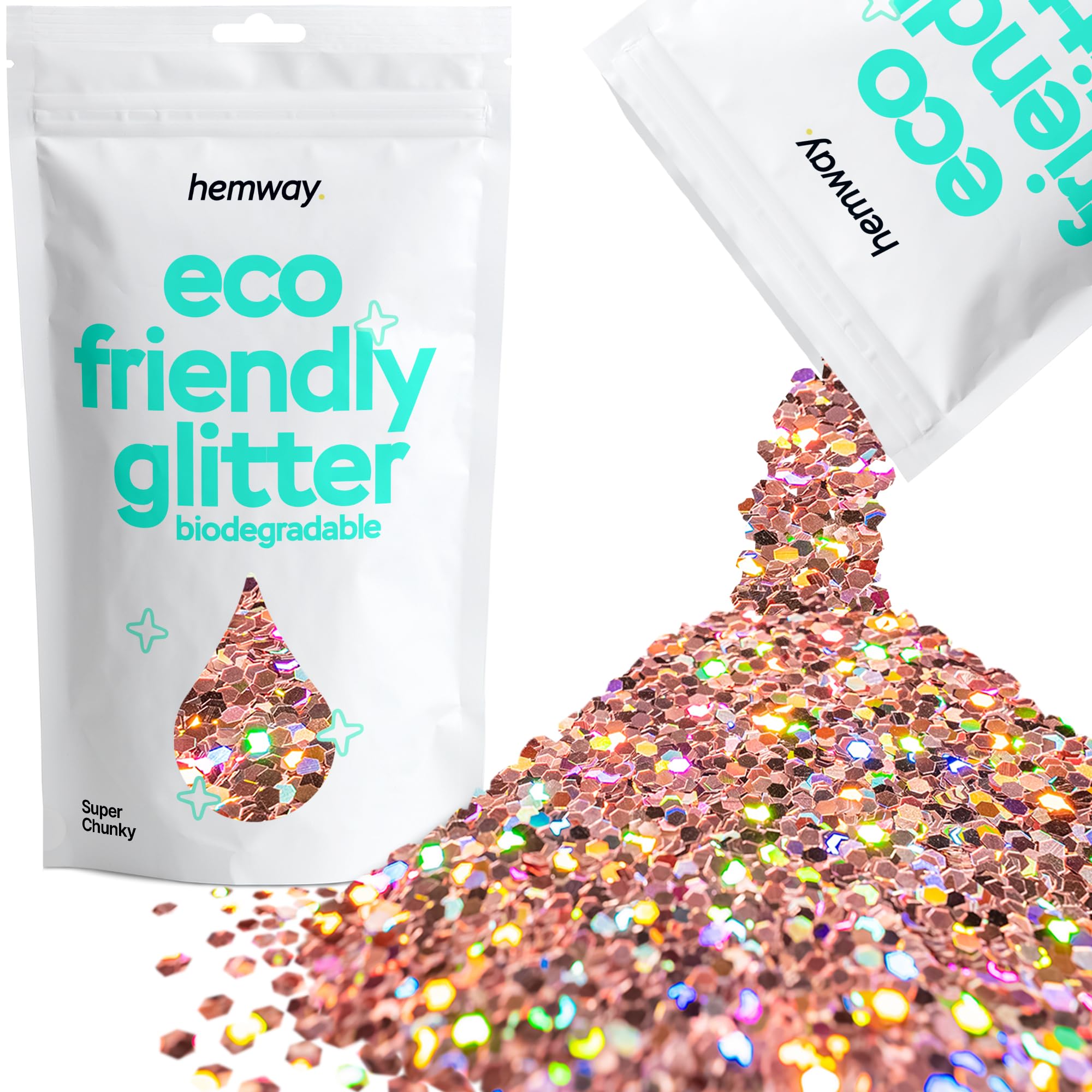 Eco Friendly Biodegradable Glitter | Rose Gold Holographic - Super Chunky 100g, Plant Based, Biodegradable Glitter for Craft, Face, Hair, Nail, Body and Festival - Hemway