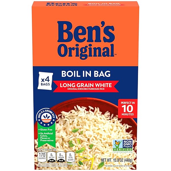 BEN’S ORIGINAL ENRICHED PARBOILED LONG GRAIN WHITE RICE, BOIL IN BAG RICE, 15.8 OZ BOX (PACK OF 12)