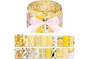 Hosuly 40 Pcs Yellow Floral Fabric Spring Jelly Fabric Quilting Patchwork Roll Yellow Quilting Strips 2.55 Inch Precut Patchwork Roll for Craft Sewing DIY Crafts