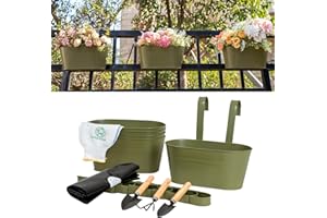 pansparade 5 Pack Metal Hanging Flower Pots for Railing Fence，Outdoor Balcony Rail Planter with Garden Tools Detachable Hooks Drainage Holes for Deck Garden Home Decor Green