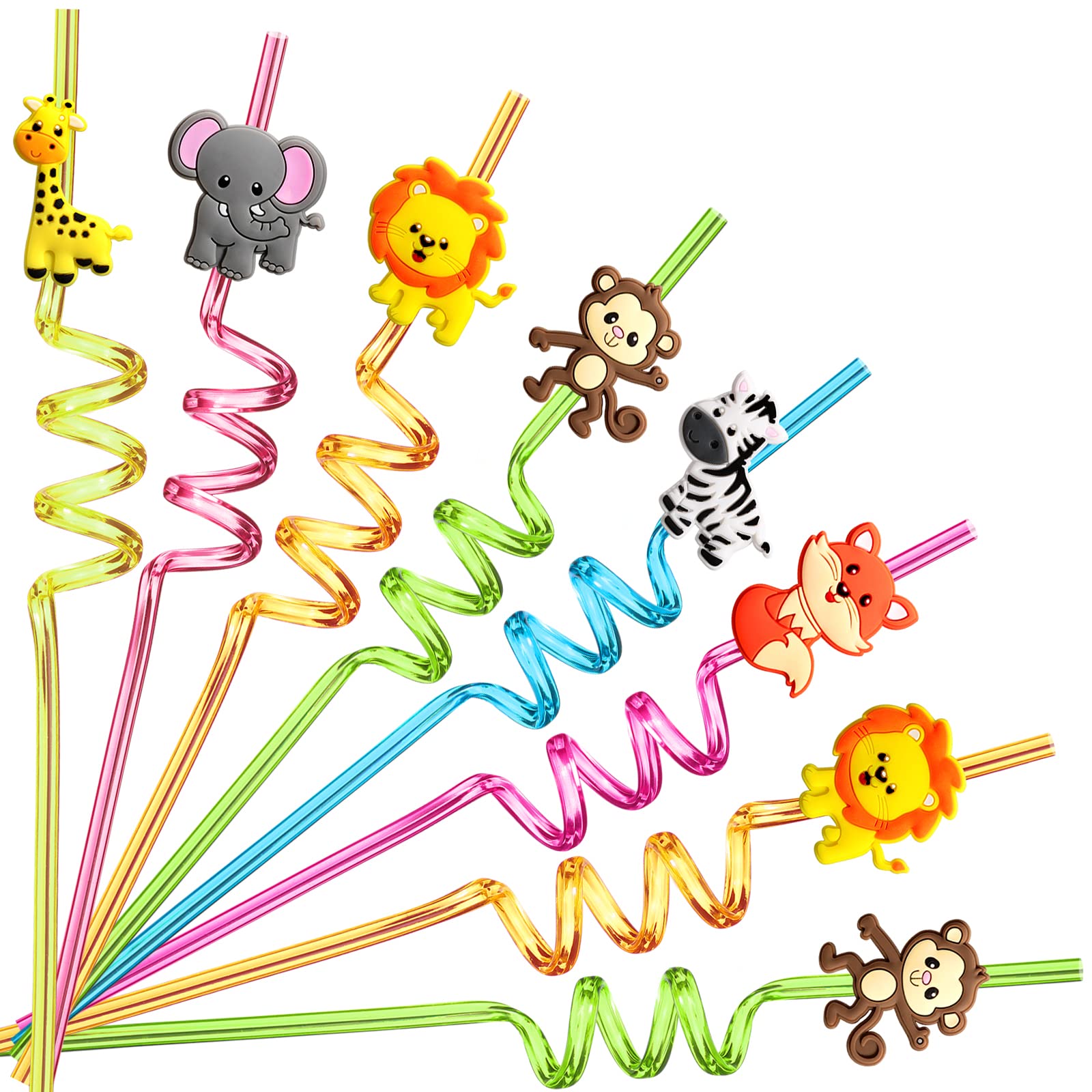 Photo 1 of 24 Reusable Jungle Animal Plastic Straws for Lion Fox Zebra Giraffe Safari Birthday Party Supplies Favors,Woodland Party Gift Favors with 2 Cleaning Brushes