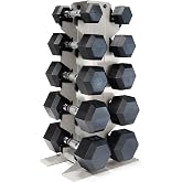 CAP Dumbbell Set with Rack, Rubber Coated Hex Free Weight Set | 100&ndash;300 lb Options, Vertical Space-Saving Storage for Home Gym Strength Training