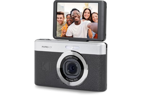 KODAK PIXPRO C1 13MP Compact Digital Camera, 26mm Fixed Lens, Black | 1080p Full HD Video, 2.8 Inch 180 Degree Flip Screen, F2.0 Lens, Digicam, Built-in Li-Ion Battery, Selfies